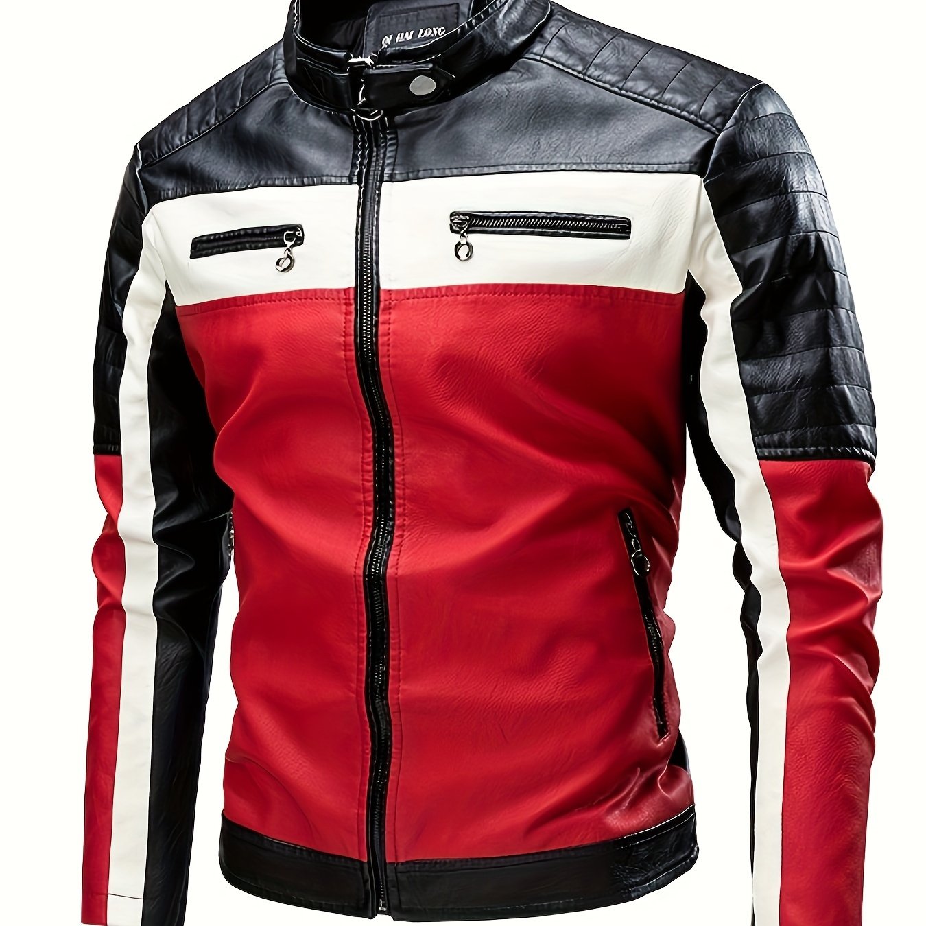 Men's red & black PU leather biker jacket, windproof and warm for Fall 2024. Versatile for casual riding, with zipper closure and side pockets. Asymmetrical design for durability and style.