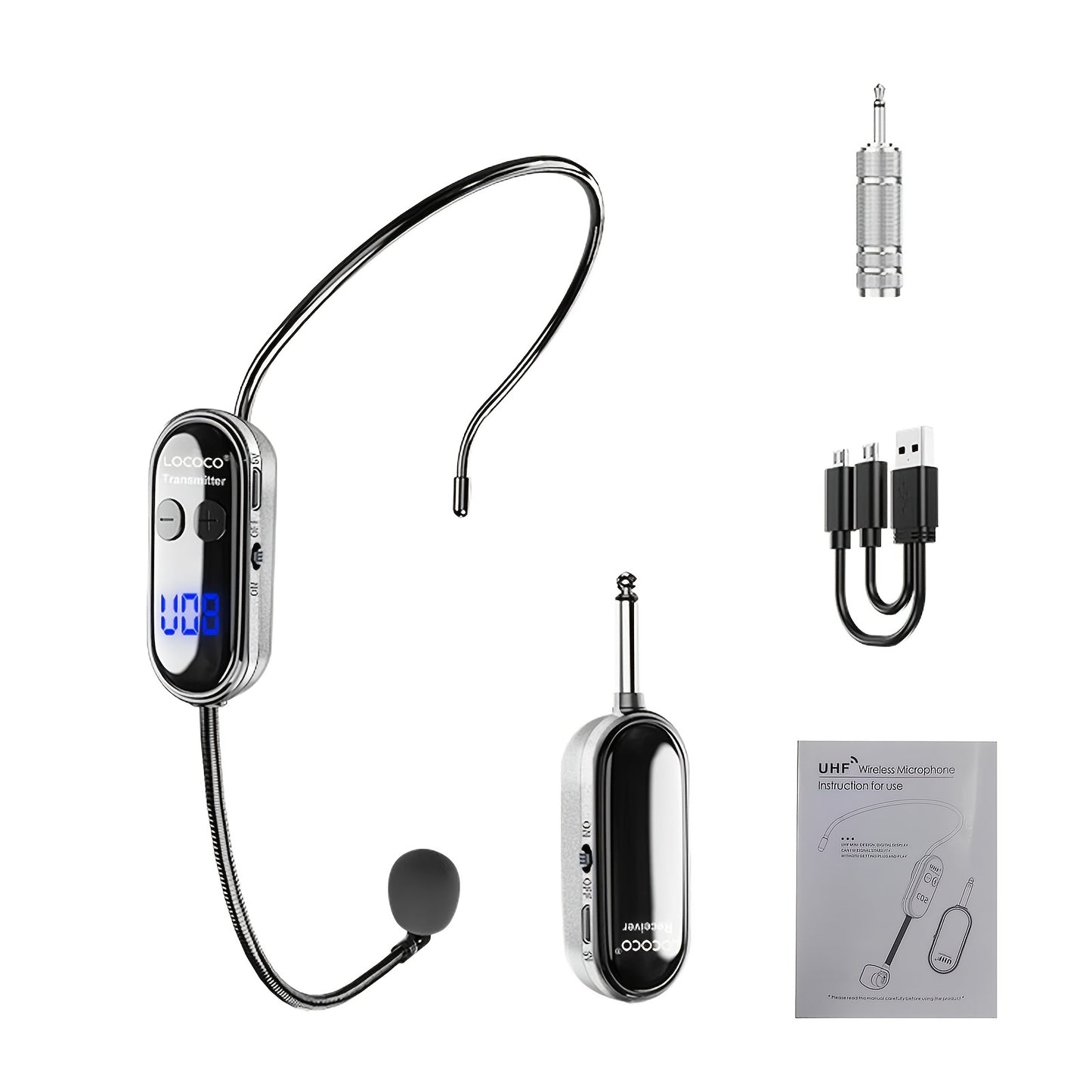 Wireless UHF Microphone Headset with LED display for voice amplification and events.