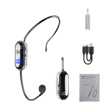 Wireless UHF Microphone Headset with LED display for voice amplification and events.