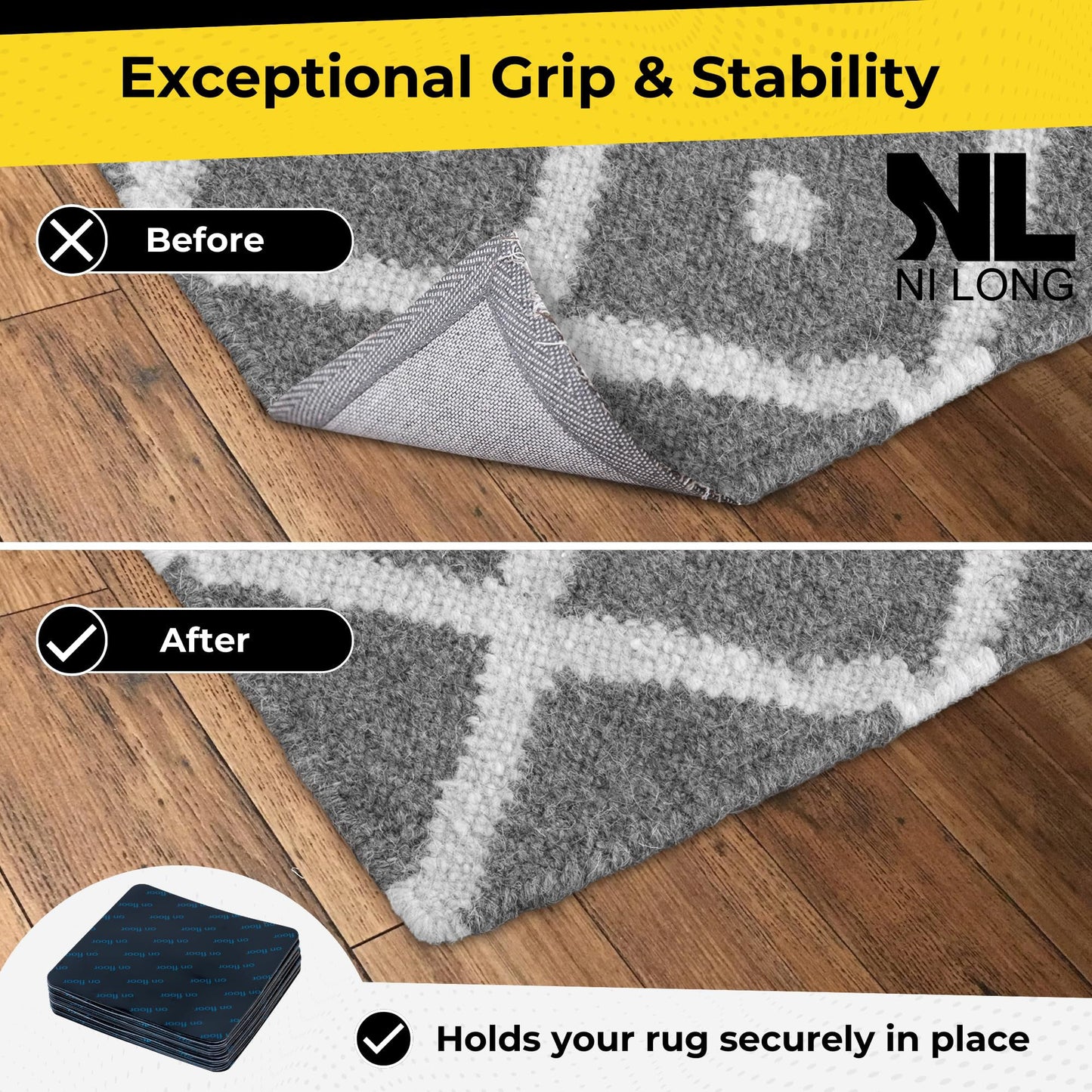 PET Double-Sided Rug Gripper Pads, Anti-Slip Carpet Tape for Hardwood Floors, Secure Area Rug Holders for Indoor Use in Offices and Rooms