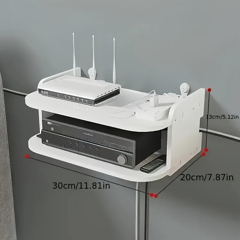 Wall-mounted organizer rack for 1 router and TV box, made of space-saving PP material. Easy to install without drilling, this shelf is the perfect storage solution for home entertainment.