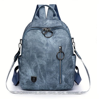 Women's faux leather backpack with adjustable straps, solid color, zipper closure, polyester lined, edge painted - occasion-ready.