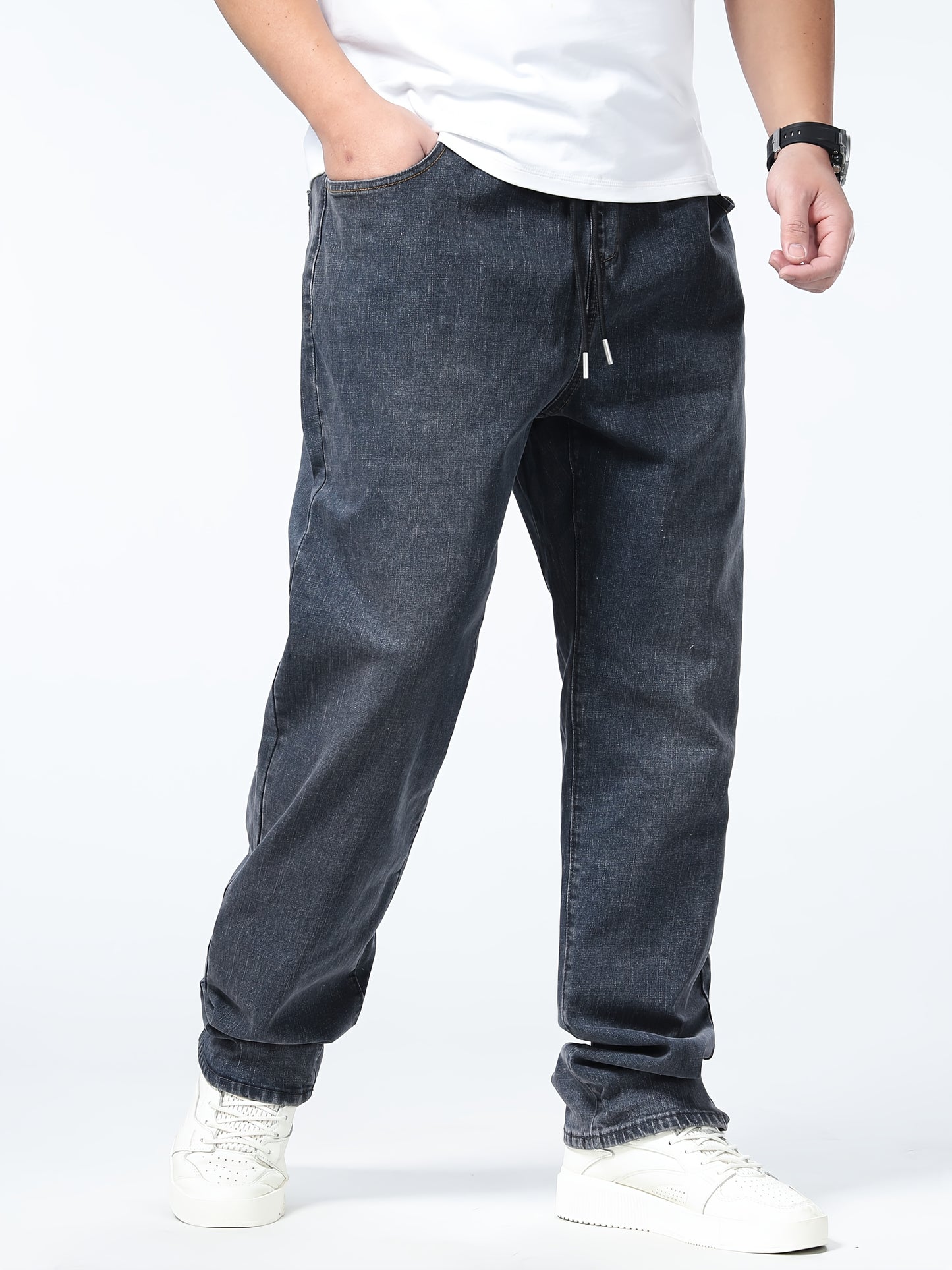 Plus Size Men's Casual Jeans with Loose Fit, Straight Leg, Elastic Waistband, Rayon Blend Denim