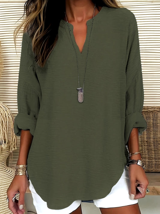 100% Polyester Loose Long Sleeve Blouse with V-Neck and Drop Shoulder - Middle-eastern Style Shirt for Women, Ideal for Spring/Fall Casual Wear.