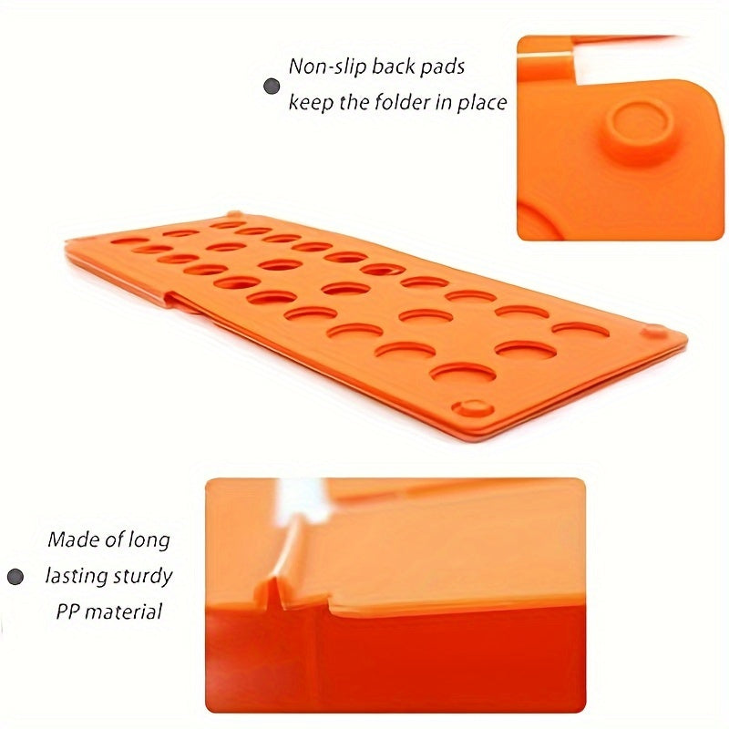 The Easy-Fold Shirt Organizer Board is a versatile clothing folding tool that can be used for T-shirts, pants, dresses, and towels. This space-saving laundry solution comes in a vibrant orange color.