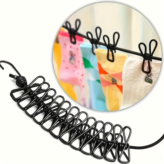 1-piece Clothesline Set with Clothespins, Elastic Rope with Metal Wire and PVC Plastic Clips, Versatile Outdoor Travel Drying Solution, Compact and Portable Retractable Drying Line with No Installation Required