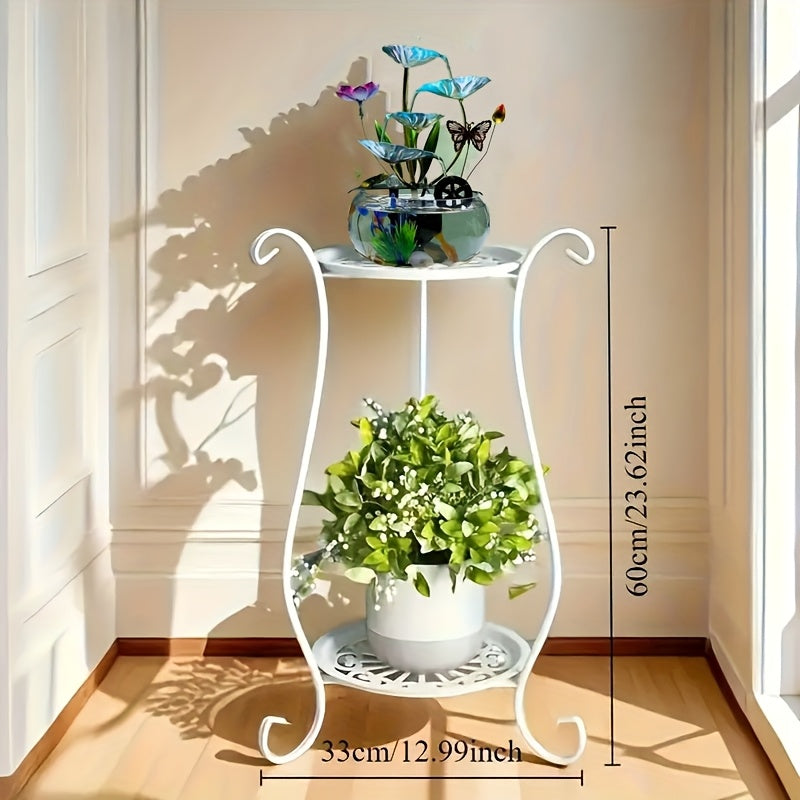 Elegant double layer metal flower stand, lightweight and durable. Suitable for both aquarium and home garden display. Perfect for indoor and outdoor plant stand with hanging flower pots.