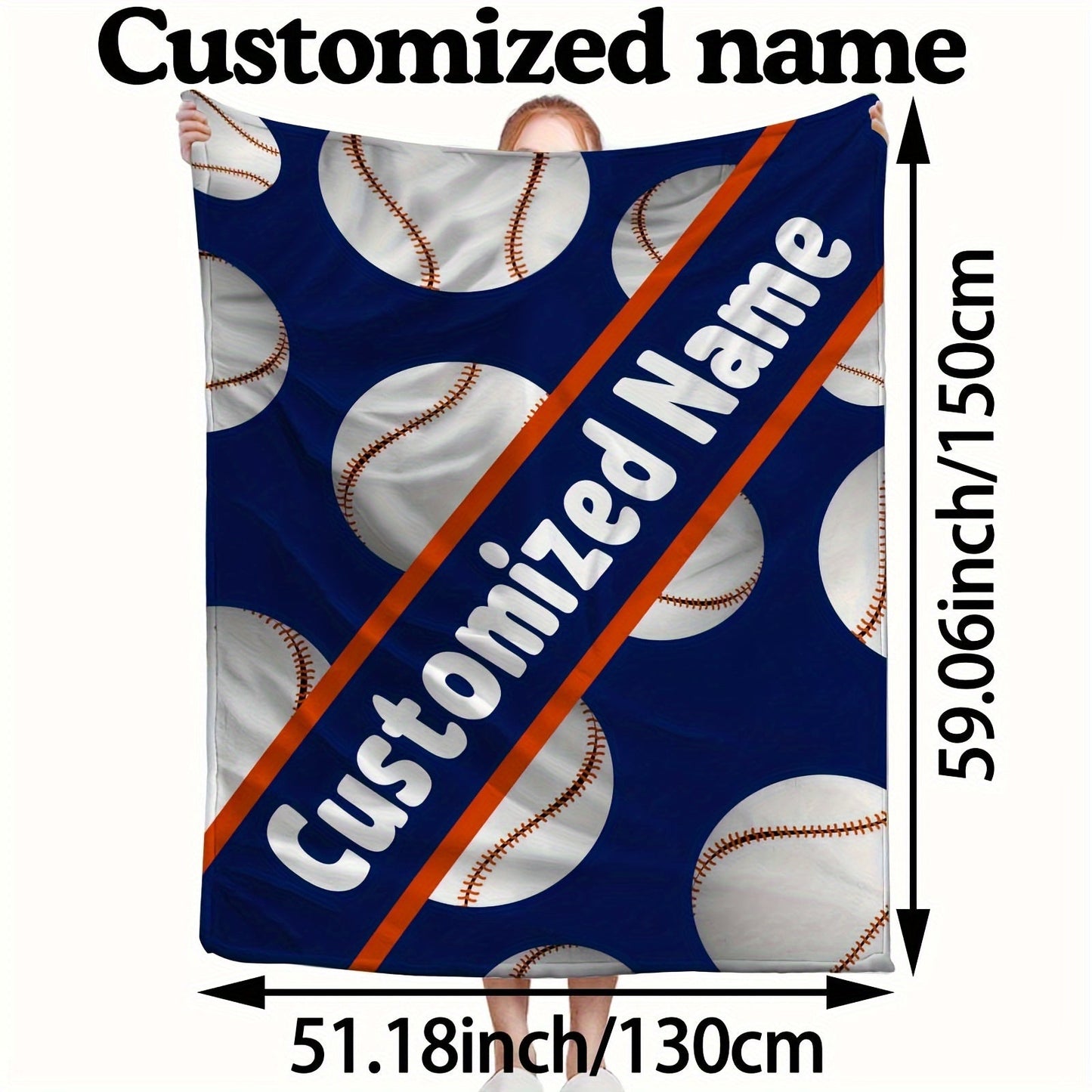 Fleece Baseball Blanket with Custom Name, Personalized Sports Throw, Reversible Design, Lightweight All-Season Sofa Camping Travel Blanket, Contemporary Style, Machine Washable, Superfine Fiber Cover, Knitted Fabric, 3D Baseball Print, 250-300g Square