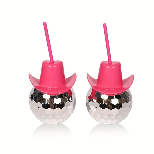 600ml Pink Cowboy Hat Disco Ball Tumbler with Straw - Shiny Electroplated Plastic Cup for Parties & Celebrations