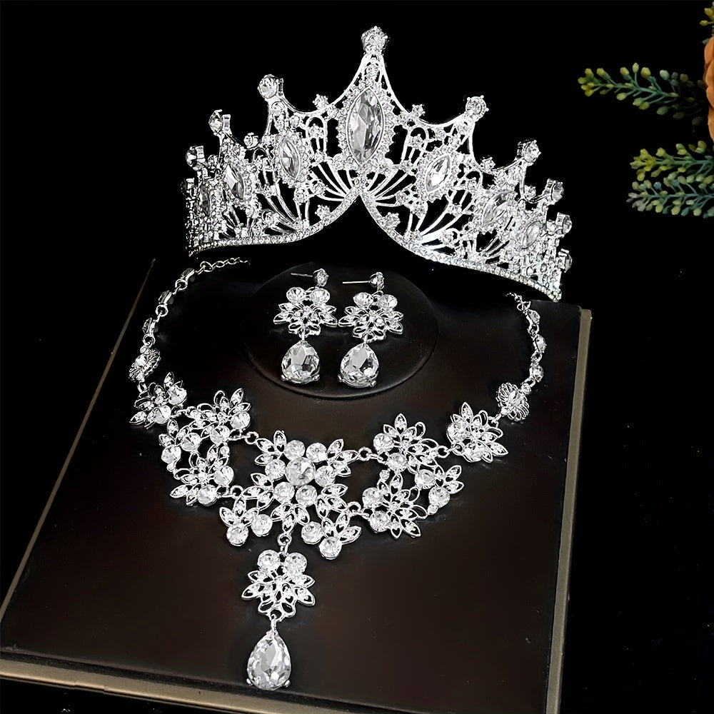 3pc Bridal Crown Set with Tiara, Necklace, and Earrings for Wedding, Photo-shoots, and Parties