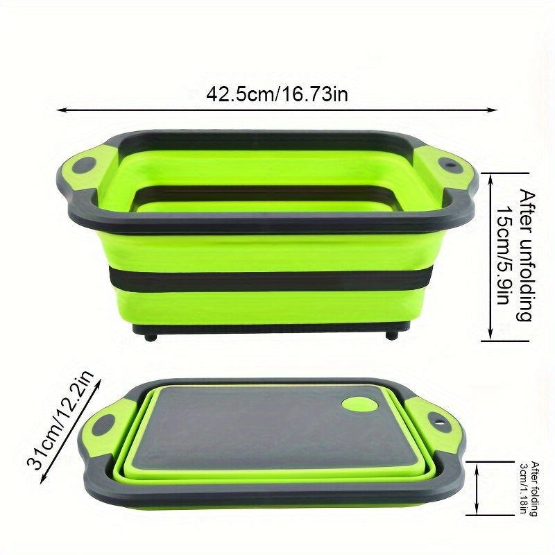 1 piece of a collapsible cutting board with a built-in colander, this multifunctional silicone folding chopping board also doubles as a dish tub basin and food strainer storage basket. Perfect for draining and washing vegetables and fruits in the kitchen