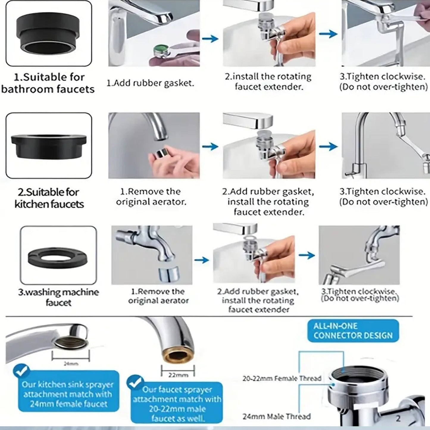 Rotatable faucet spout adapter with 360-degree swivel and 1080-degree tilt, made of durable plastic. No electricity required, ideal for bathroom sinks.