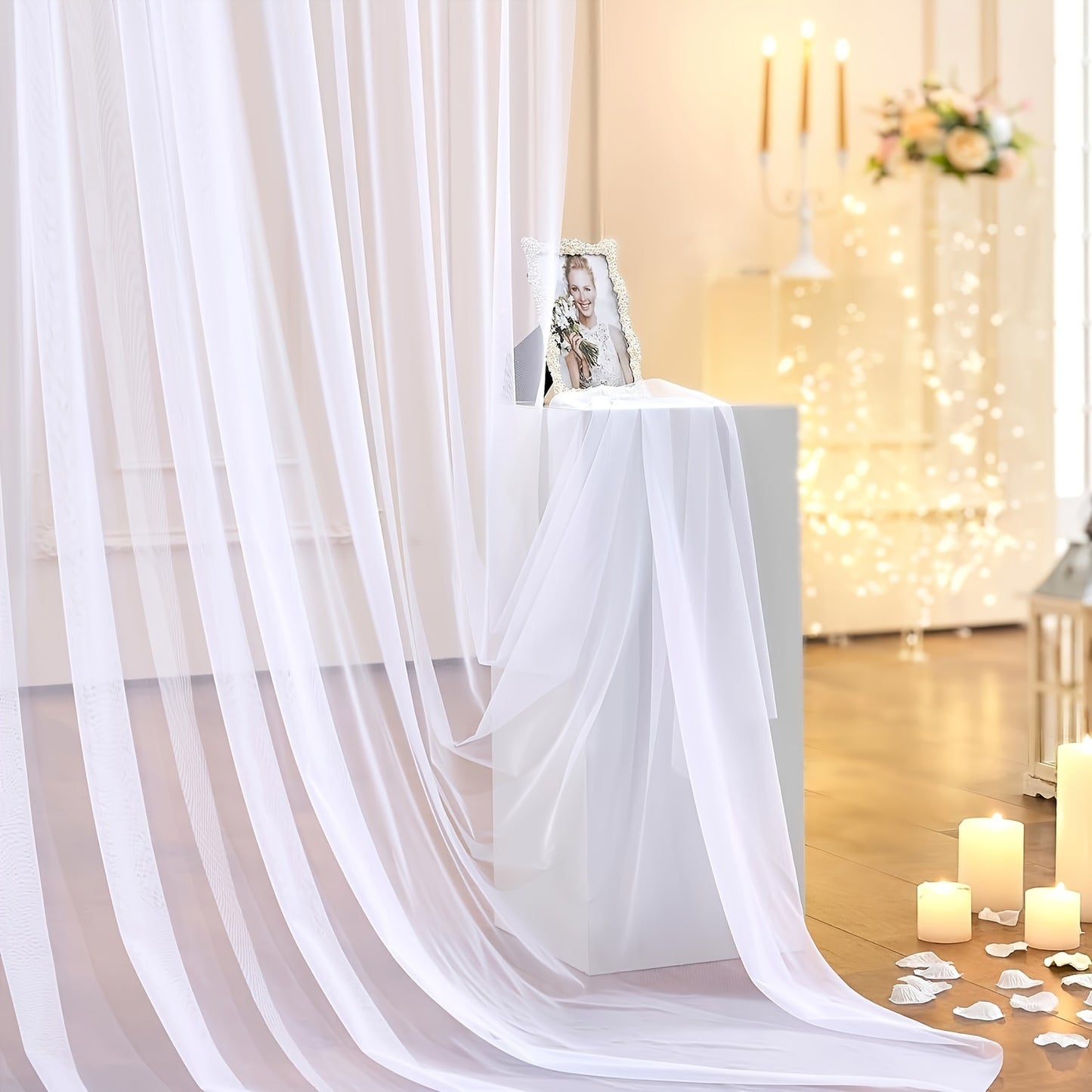 2 elegant white tulle backdrop curtains - ideal for weddings, baby showers, and photo backdrops.