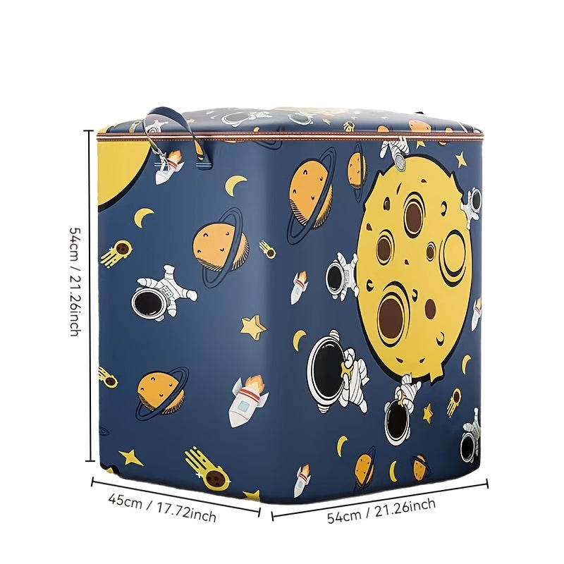 Large capacity non-woven fabric storage bag with a space-themed design. This waterproof rectangle quilt organizer features a flip top closure, making it ideal for storing clothes and blankets. It is multipurpose, dust-proof, and moisture-proof, perfect