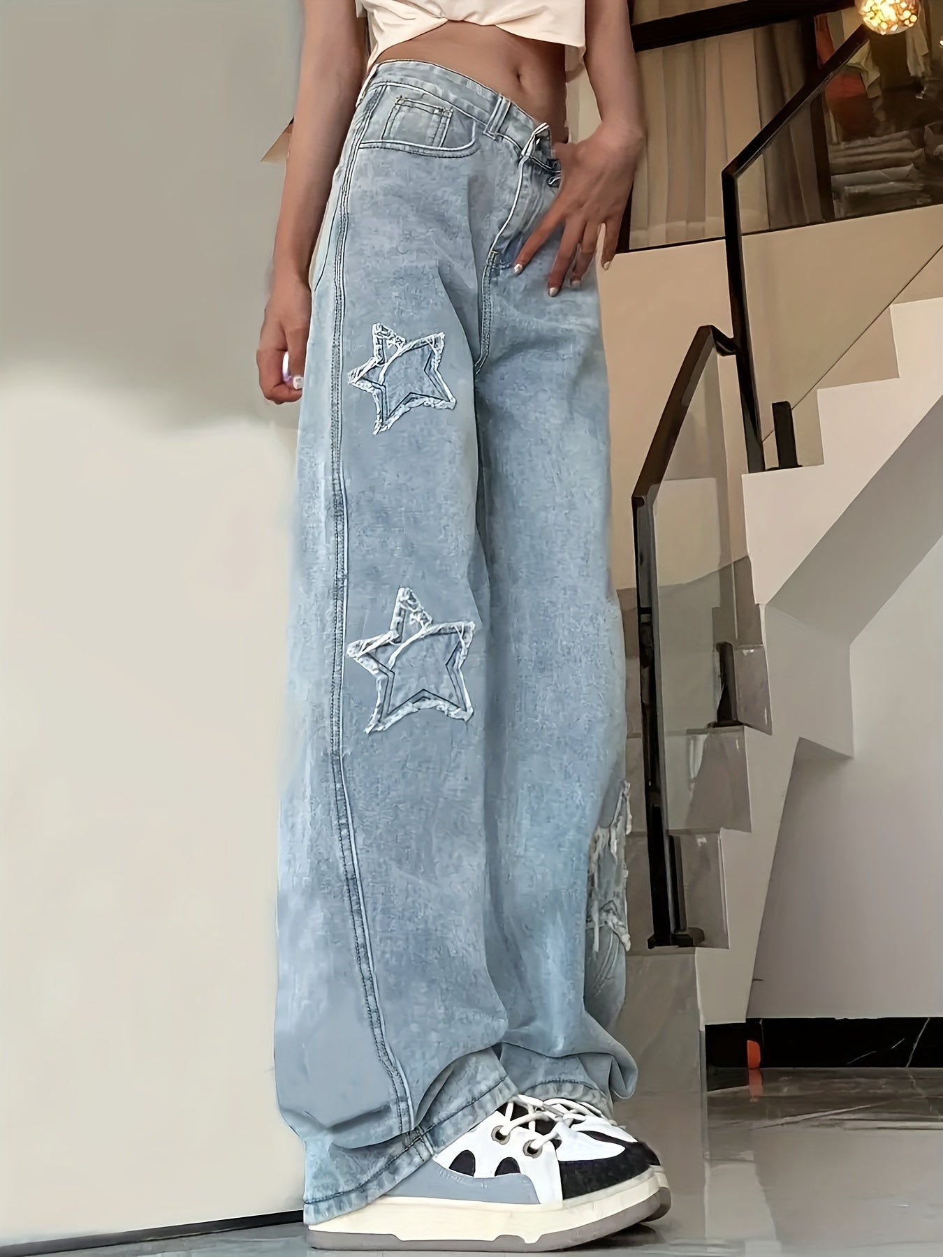 High waisted vintage distressed jeans with embroidered stars patchwork, non-stretch denim pants for fall and winter.