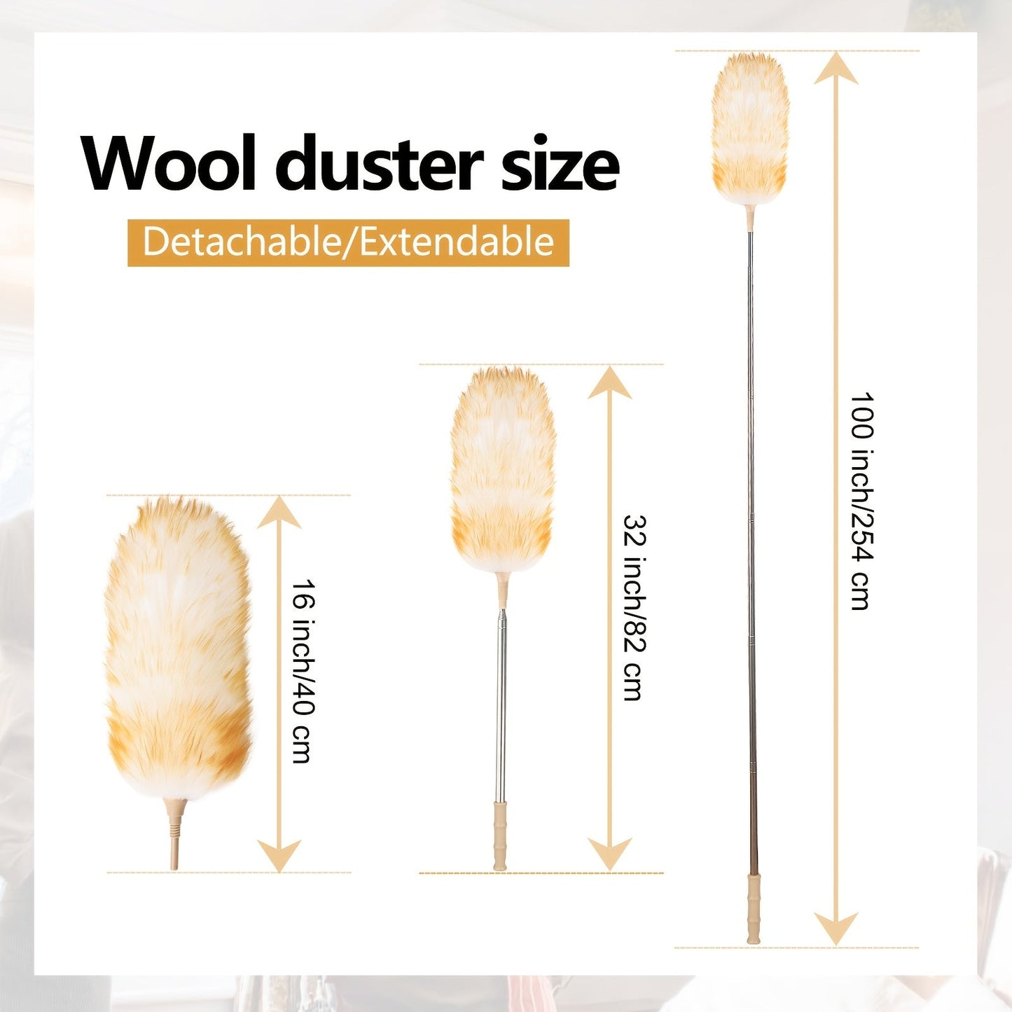 Upgrade your cleaning routine with our extendable 100-inch premium wool dusting brush. Soft, flexible, and detachable, this brush is designed for efficient cleaning in narrow spaces. Perfect for home, office, and outdoor use, it's the ideal choice for