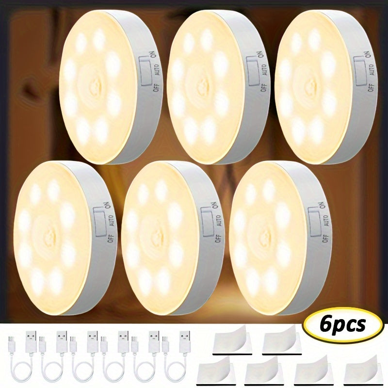 AMill 6-Pack LED Step Lights with Dual Smart Sensor - Motion and Light Activated, Polished Plastic Sconce with PVC Shade, Rechargeable 250mAh Lithium Battery, Wireless, Semi-Flush Mount, Indoor Night Light for Stairs, Bedroom, Cabinet.