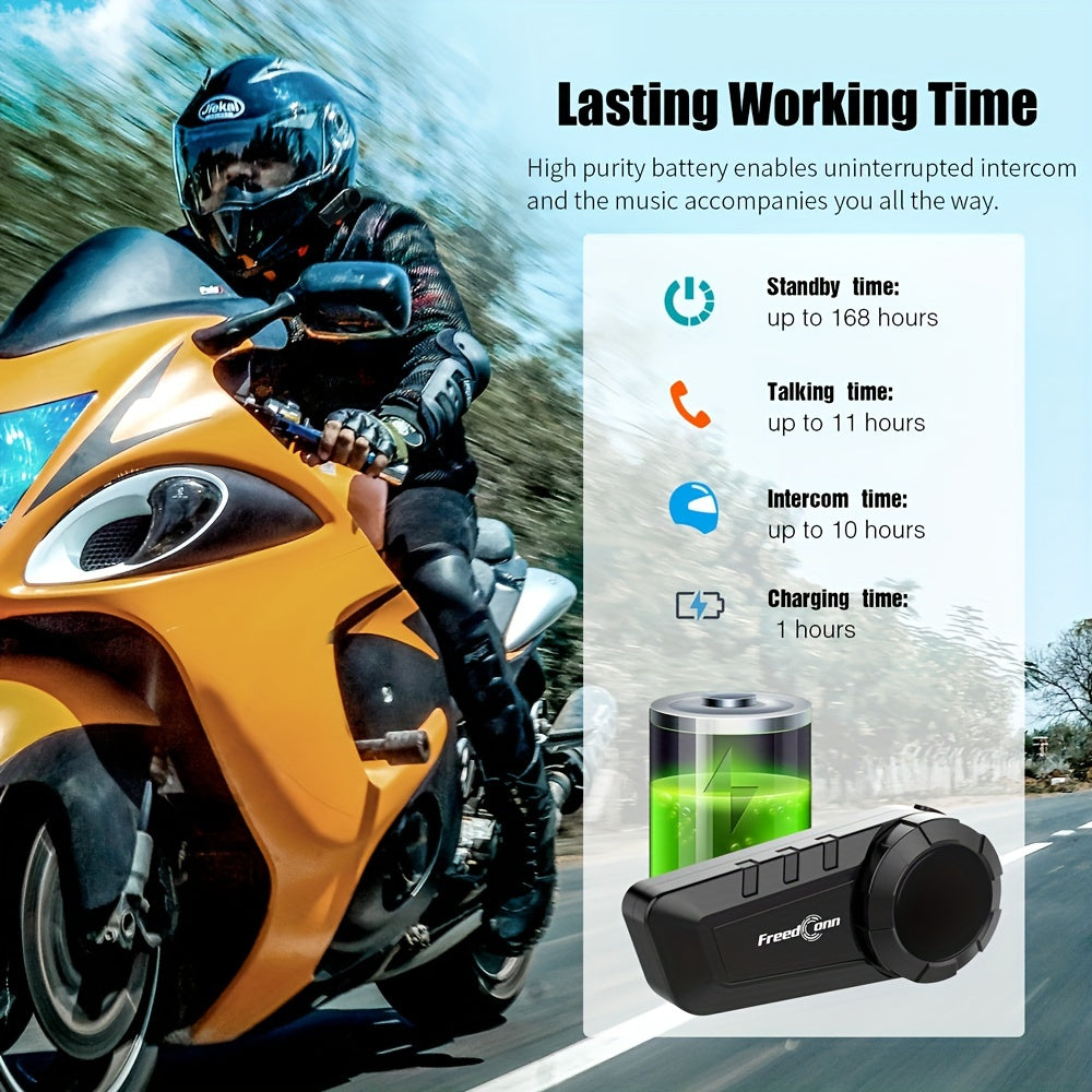 Freedconn KY Pro Motorcycle Intercom Helmet Headset for 6 riders with noise control, voice command, and walkie-talkie compatibility. Comes with USB charging cable.