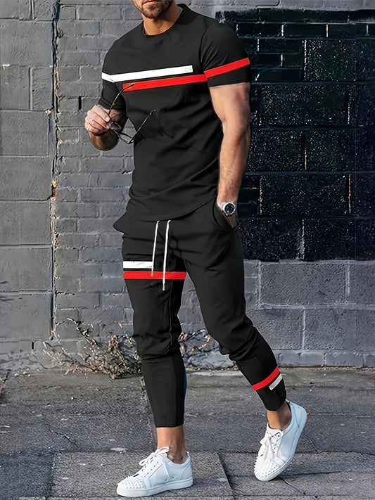 Men's summer athletic short sleeve tops & long pants set in striped polyester blend for a streetwear outfit.