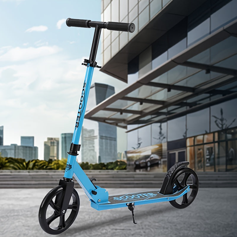 Adult kick scooter with iron frame, foldable design, rear brake, front suspension, anti-slip solid tires, adjustable height - ideal for commuters ages 14+ with maximum load of 100kg.