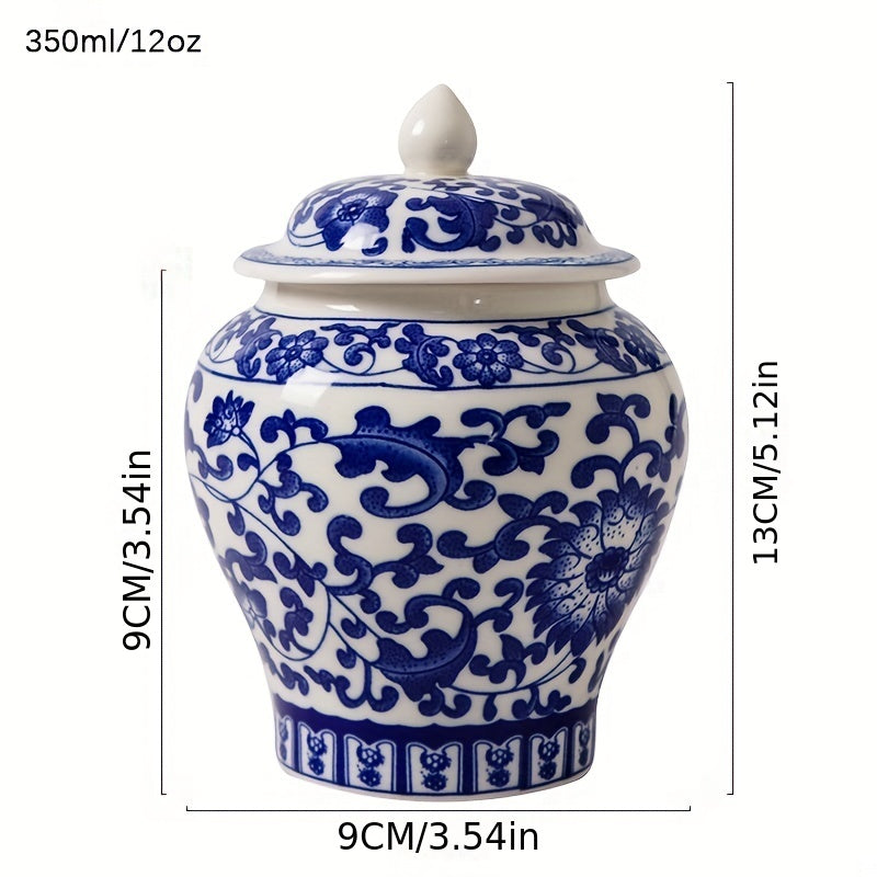 Blue and White Porcelain Tea Leaf Jar with Lid, 350ml/12oz, for storing black tea and pu'er tea.