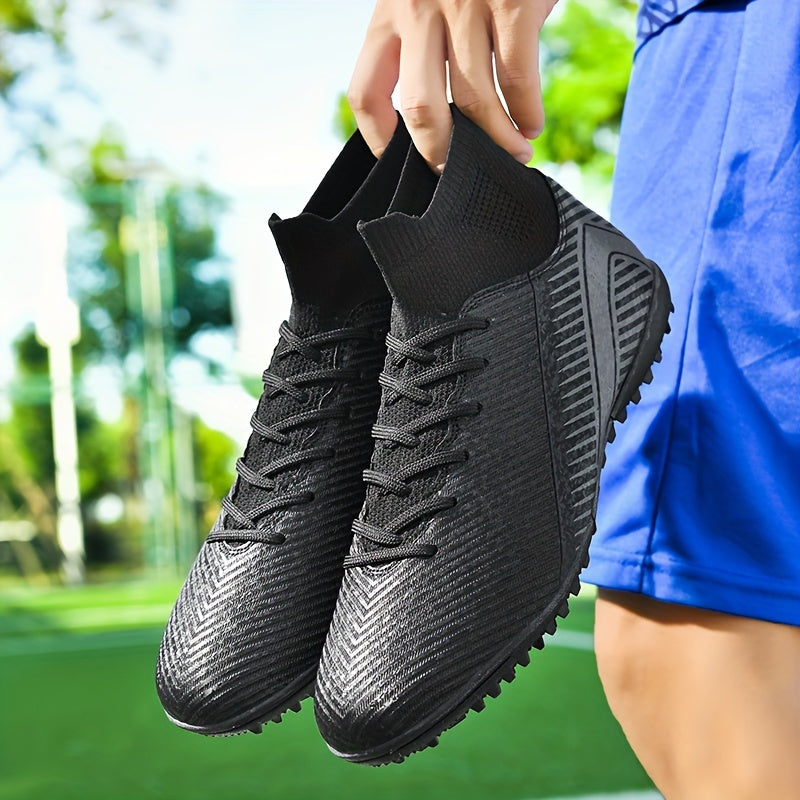 Men's soccer shoes with stripe pattern, lace-up cleats, non-slip rubber sole, durable PU upper, and TF studs for indoor and outdoor use, suitable for both youth and adults.