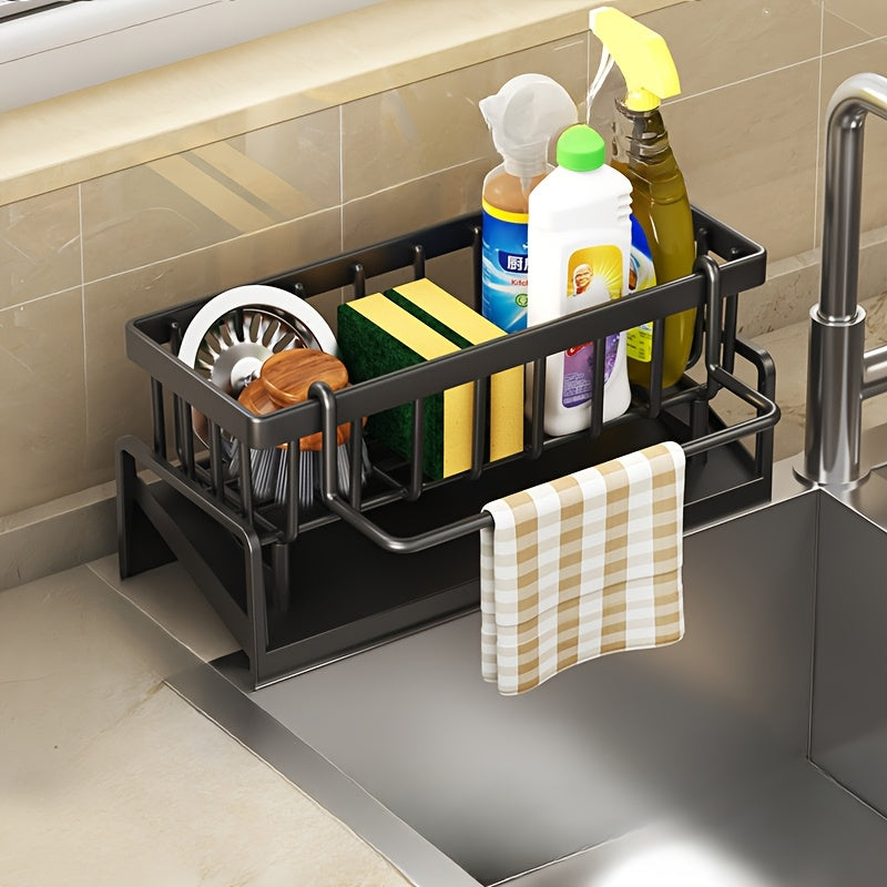 The Space-Saving Kitchen Sink Organizer with Rag Holder is Ideal for Storing Sponges, Soap, Brushes, and Towels