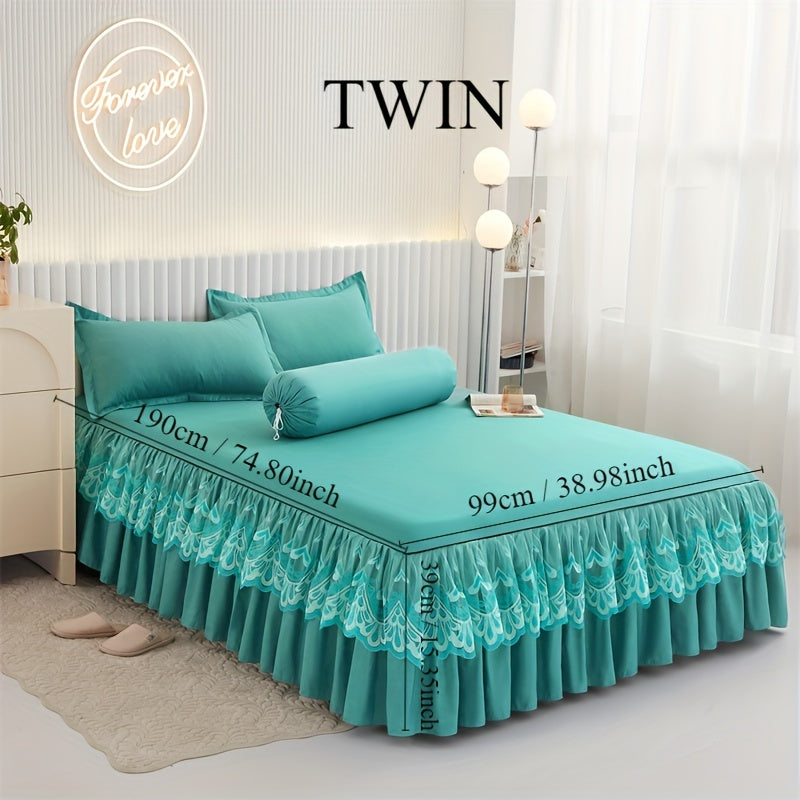 Chic 3-Piece Bed Skirt Set Featuring Double Layer Lace - Comes with 1 Bed Skirt and 2 Pillowcases, in a Solid Color. Non-Slip and Perfect for All Seasons, this Set is Machine Washable for easy care.