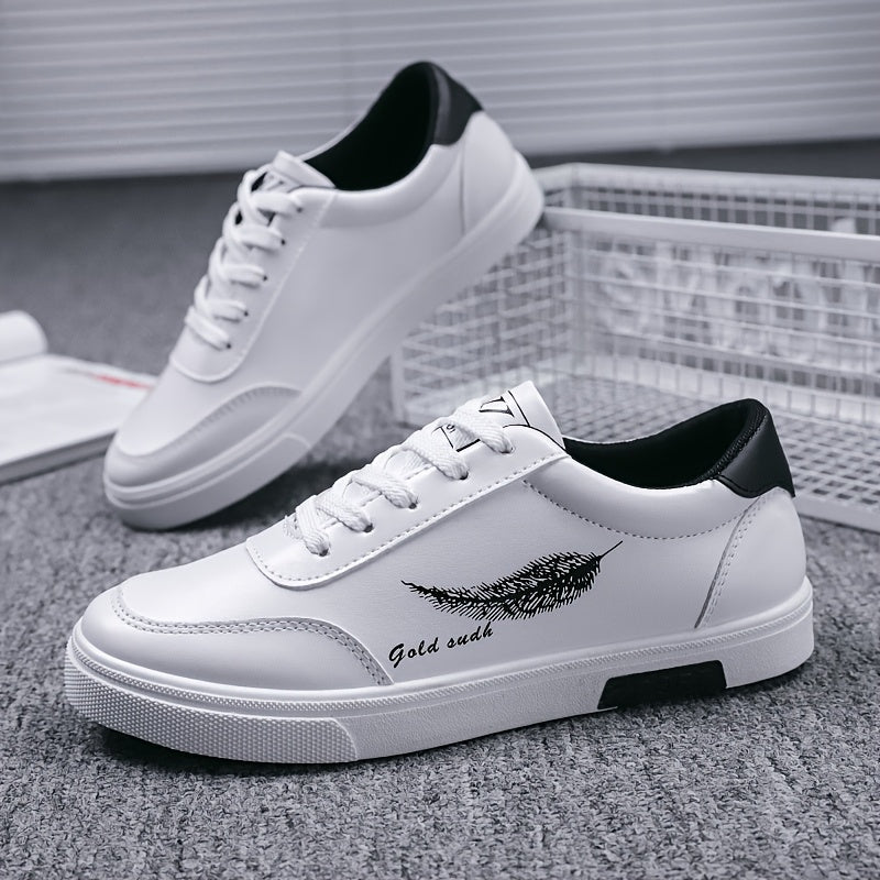 Men's sleek white sneakers with feather design for casual wear, walking, jogging, and travel. Non-slip lace-up low tops with PU upper and PVC sole. Sporty and versatile for outdoor