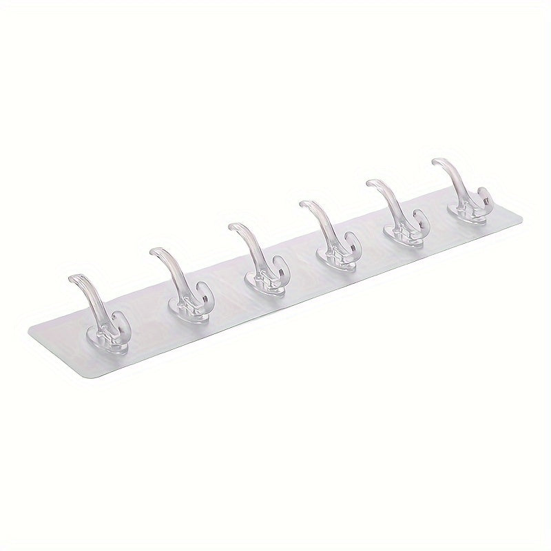 1 piece of No-Drill Row Coat Hooks, including Six-In-One and Three-In-One Transparent Adhesive Hooks for Hanging Clothes and Hats.