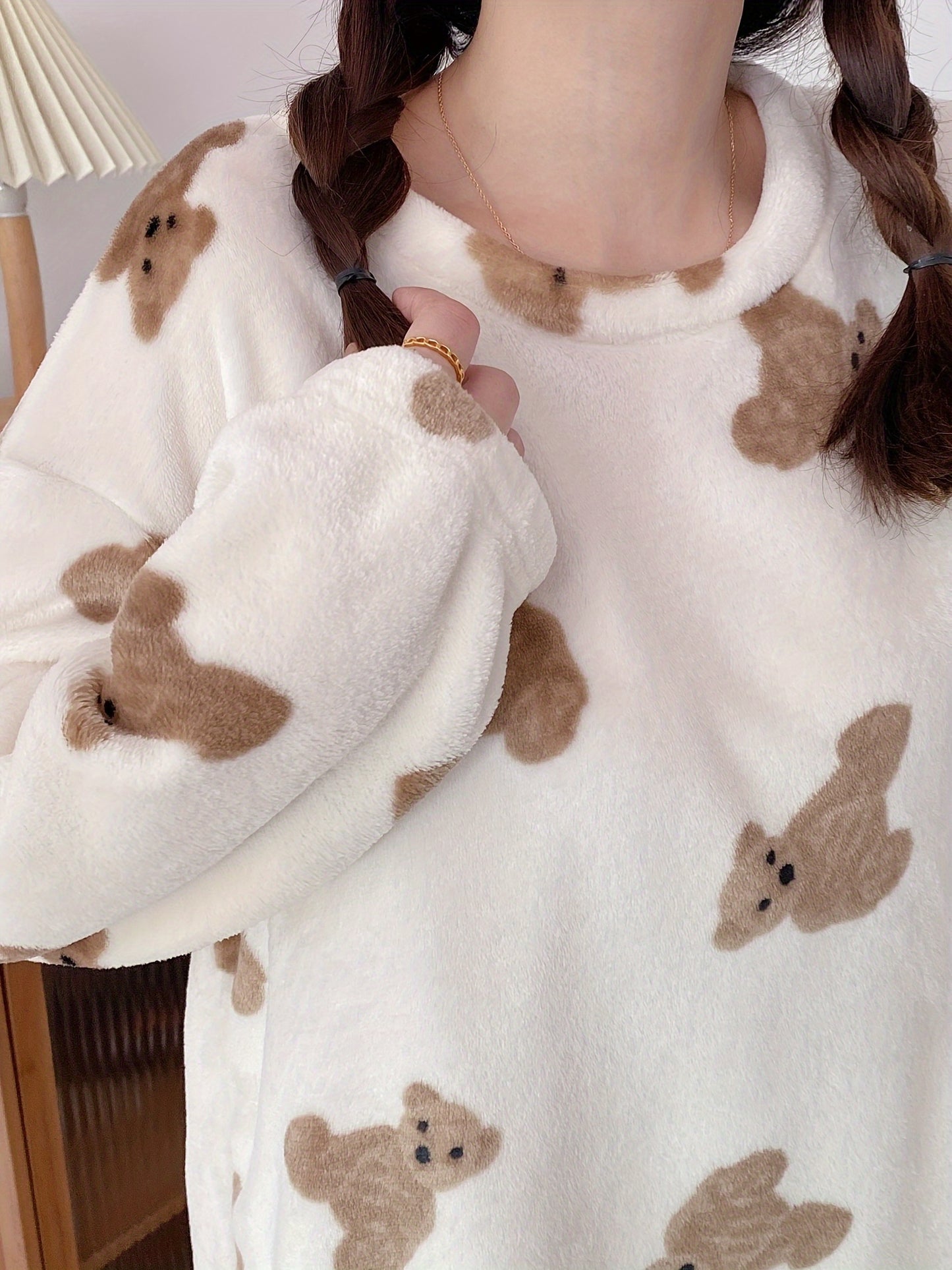 Cozy Teddy Bear Print Pajama Set for Women