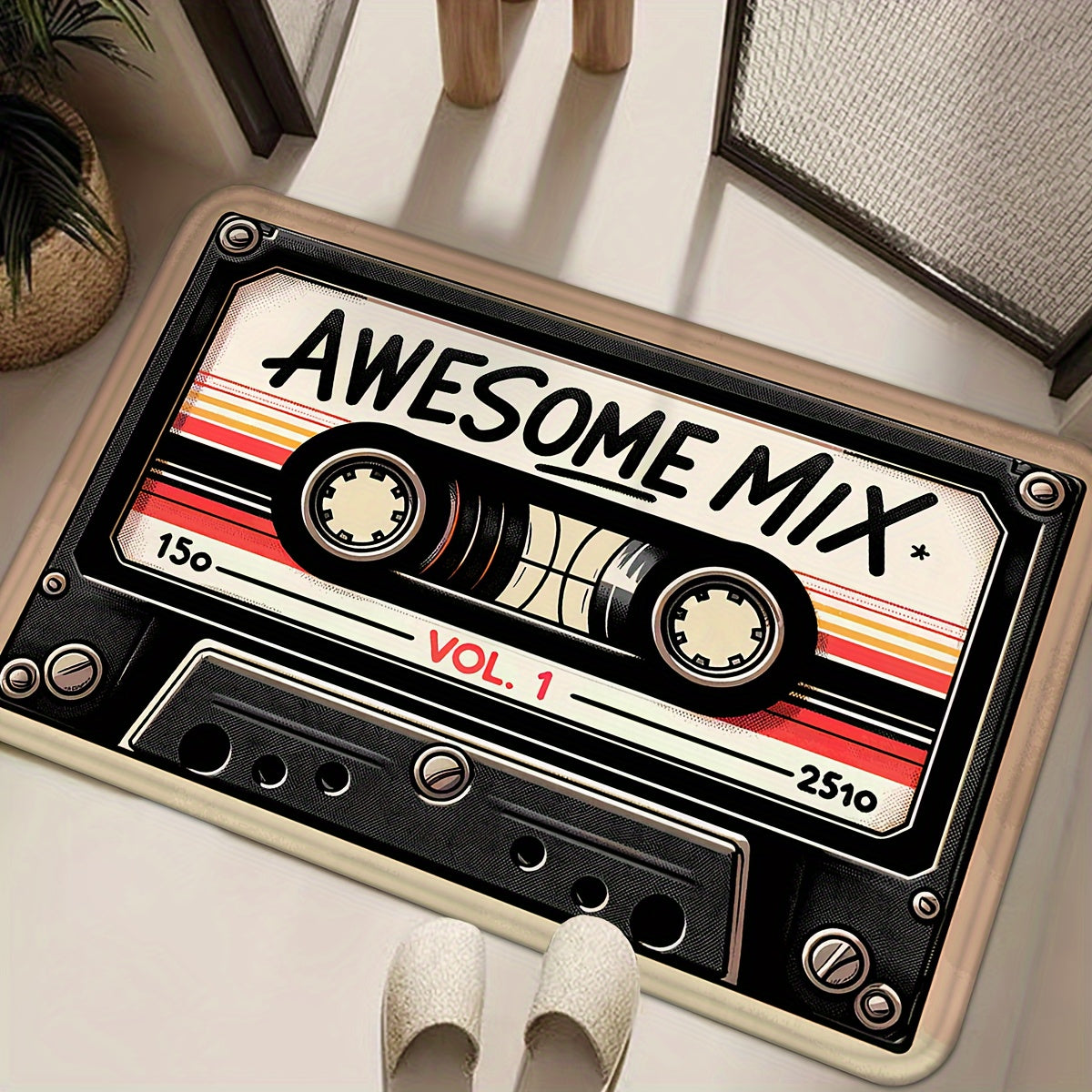 Retro Cassette Tape Welcome Mat - Plush, Anti-Slip & Colorfast Flannel Rug for Any Room - Easy-Care Home Accent