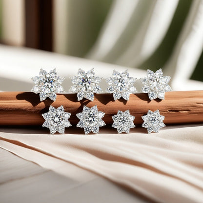 Capture the beauty with our Sunflower Moissanite Stud Earrings. Available in 0.5/1/2/3 Carat Flower Shape design, crafted with 925 Silvery. Makes a perfect Valentine's Day Gift, comes with a Gift Box. Weighing 3.1/4.2/6/6.6g, adorned with shimmering