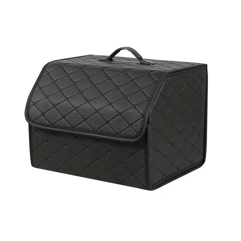 Premium PU leather car trunk organizer with collapsible cargo storage box and tension mount. Multi-functional for toys, food, and more with sleek black design and diamond-stitched pattern.