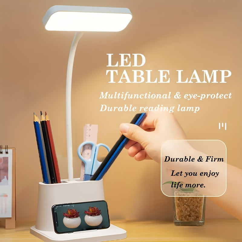 LED Desk Lamp with Pen Holder, Touch Control, Dimmable & Color-Changing, USB/Battery Powered - Ideal for Students & Home Offices, White.