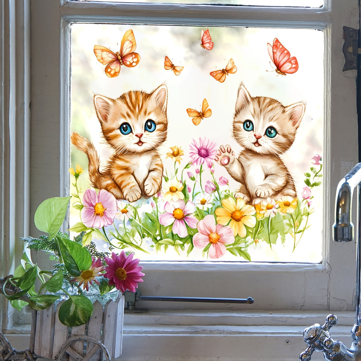 Glass stickers featuring a pair of cats catching butterflies and flowers, designed to prevent collisions. These self-adhesive stickers are simple to apply and can be used on bathroom, bedroom, living room, door, and window glass surfaces for home