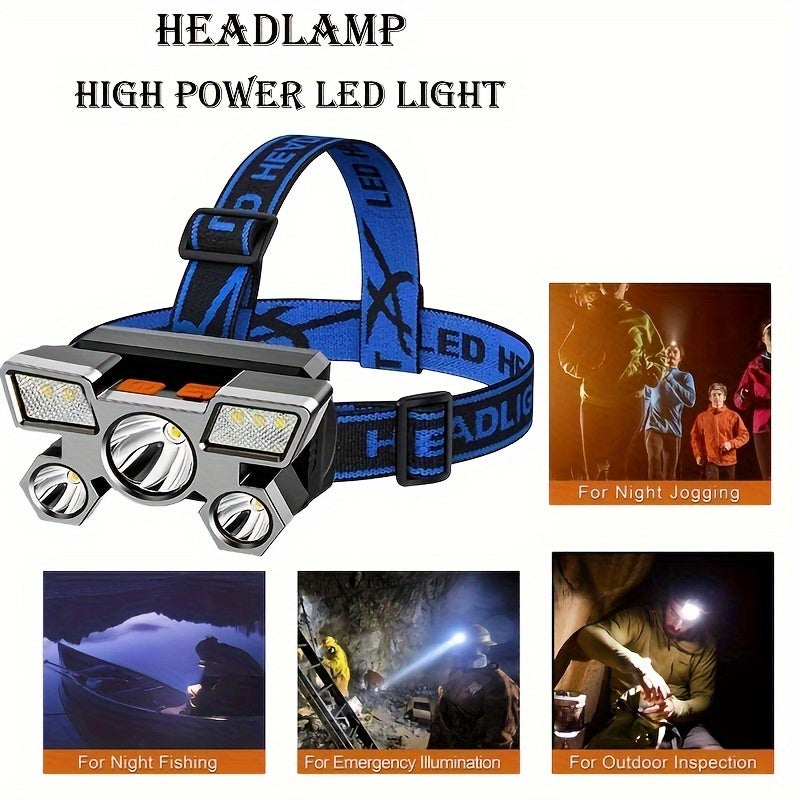 USB rechargeable headlamp with 5 LEDs, built-in battery, and portable design for various outdoor activities such as travel, camping, fishing, and hunting.