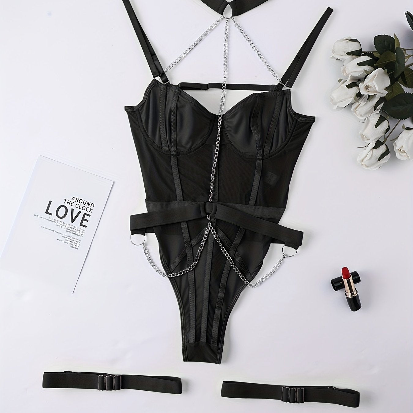 Seductive halter mesh teddy with chain backless thong bodysuit - women's sexy lingerie.