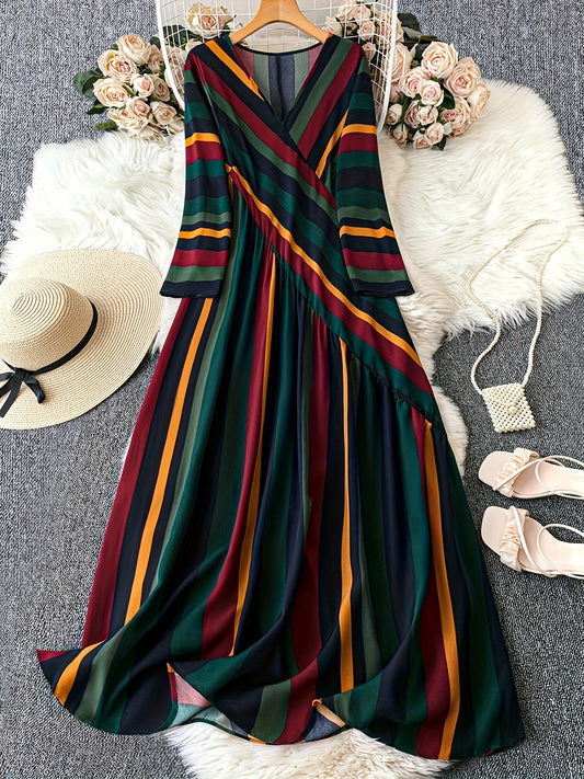 Colorful stripe print patchwork dress with elegant long sleeves and V-neck, perfect for spring and fall. Designed for plus size women.