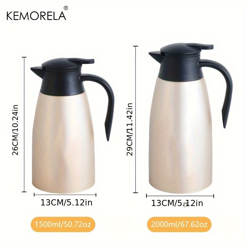 The KEMORELA 1.5/2L Thermal Kettle is made of durable stainless steel with vacuum insulation for 24-hour heat preservation. It has a large capacity and is perfect for home or office use, making it a portable and efficient coffee pot.