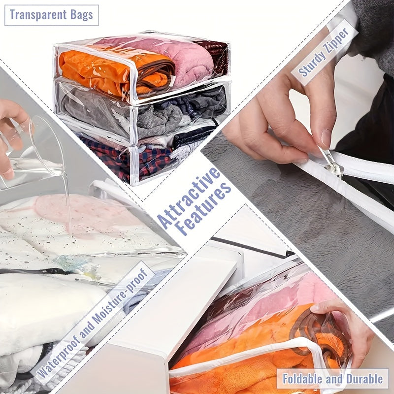 Transparent zippered storage bags with a 6-pack set. These foldable plastic bags are great for organizing sweaters, blankets, towels, and other household items. Perfect for storing beddings, pillows, quilts, and clothes.