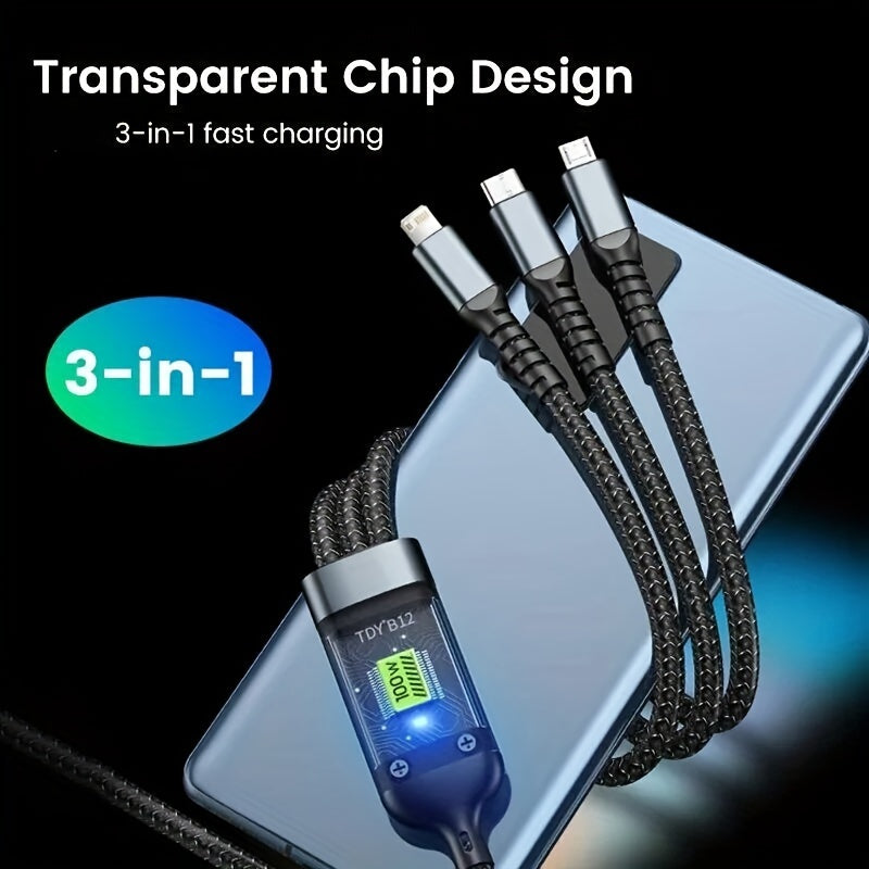 One 3-in-1 100W USB Type C fast charging cable for multiple devices.