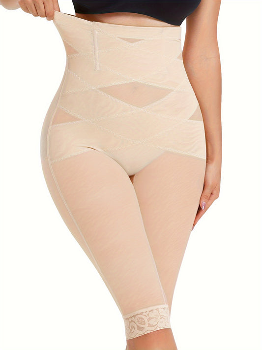 Women's lace trim shaping shorts with tummy control compression for slimming and shaping.