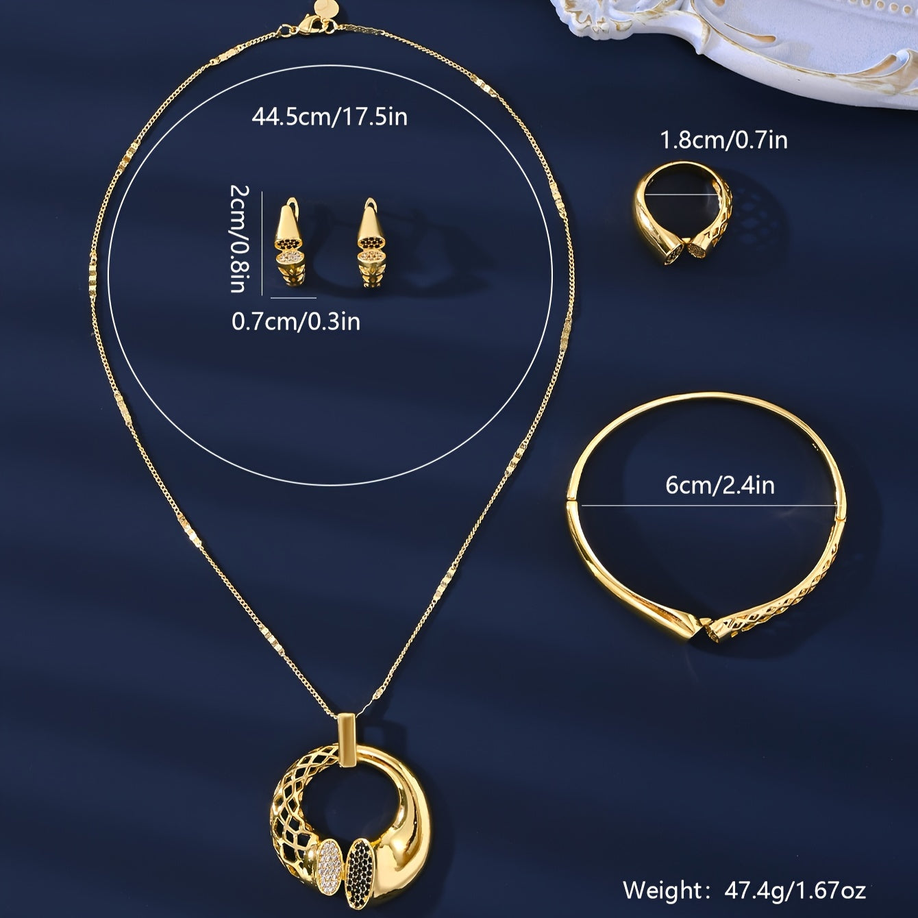 Set of 4 Pieces MEIZ 18K Gold Plated Jewelry, Elegant & Charming, Featuring Synthetic Zirconia Geometric Necklace, Bracelet, Earrings, and Ring. Made of Copper, Perfect for Women as Everyday Wear or a Gift for Valentine's Day. Versatile All-Season