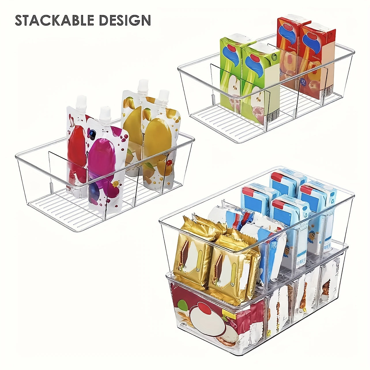 Transparent refrigerator organizer bins available in sets of 2, 4, or 6, featuring removable dividers. Ideal for storing various items such as fruits, vegetables, meat, eggs, ginger, garlic, and more. Perfect for keeping your kitchen organized at home or