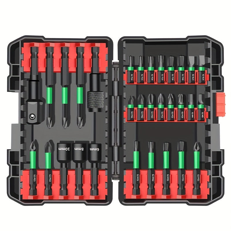 Facoow 31pcs Electric Screwdriver Bit Set with Durable Alloy, Oil-Rubbed Finish, Waterproof, Phillips, Hexagon & Torx Sockets, Secure Black Case for Efficient Screw Tightening.