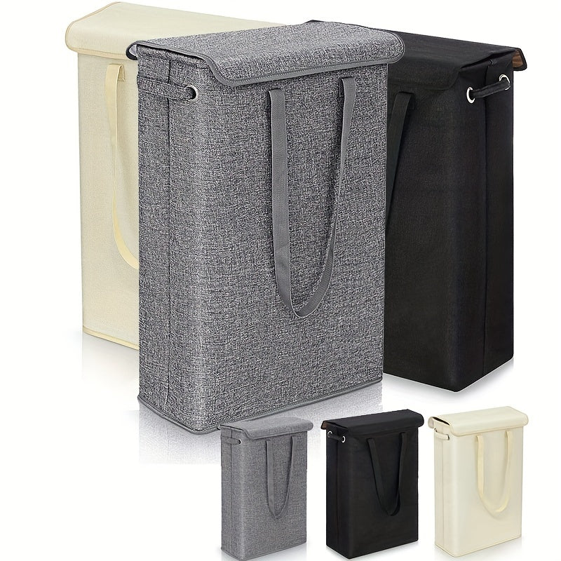 Tall, slim laundry hamper with lid and handles for bathroom, bedroom, or dorm organization. Made of waterproof linen fabric.