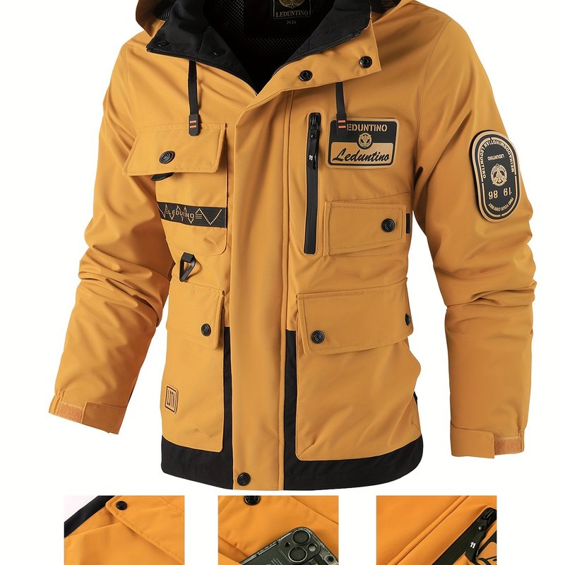 Men's hooded jacket for spring and autumn with windproof and warm features, detachable hat, multi-pocket cargo design, zipper closure, color block style, and leisure look.