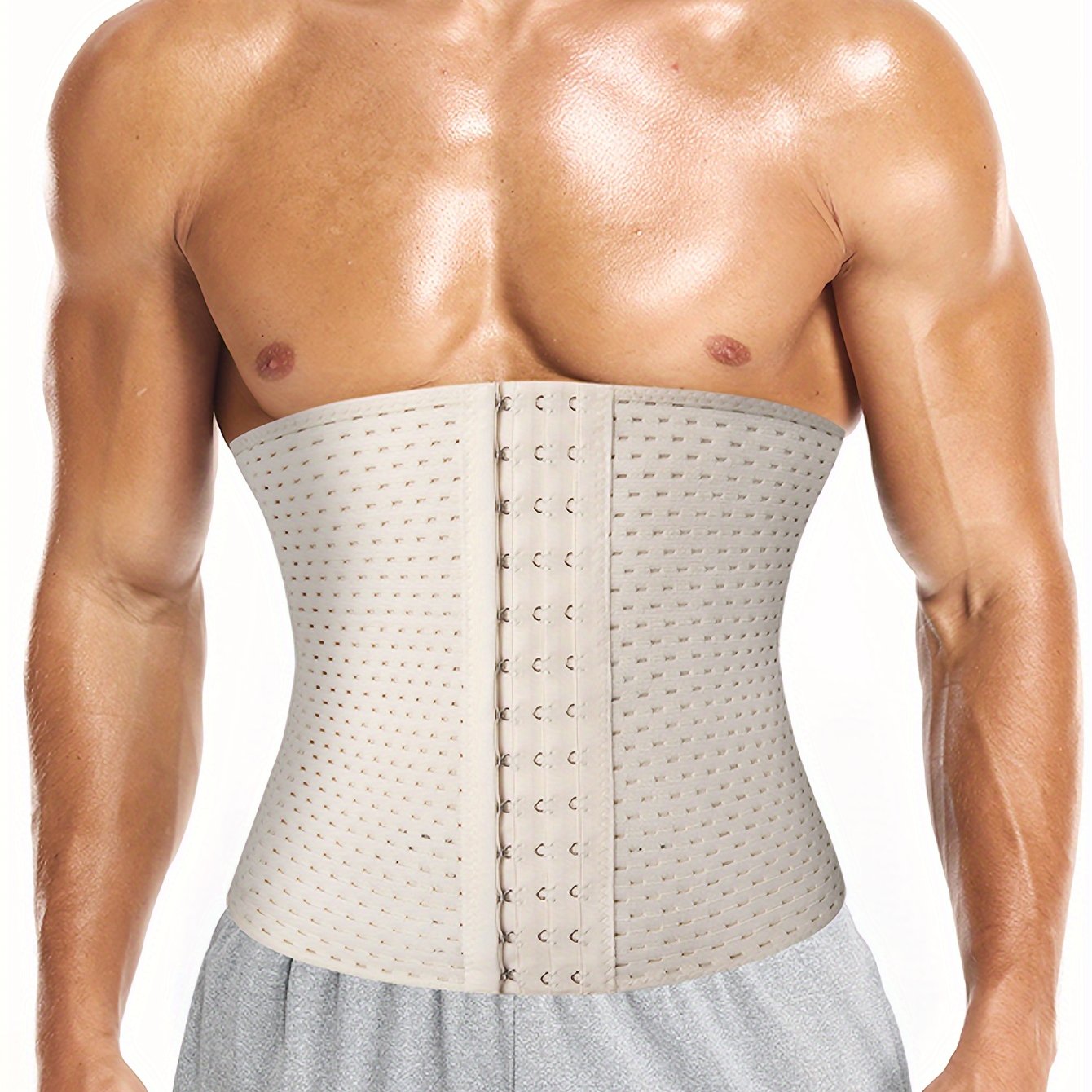 Men's breathable mesh waist belt with 3 row buckle and 4 steel bones for tummy control, ideal for daily wear.