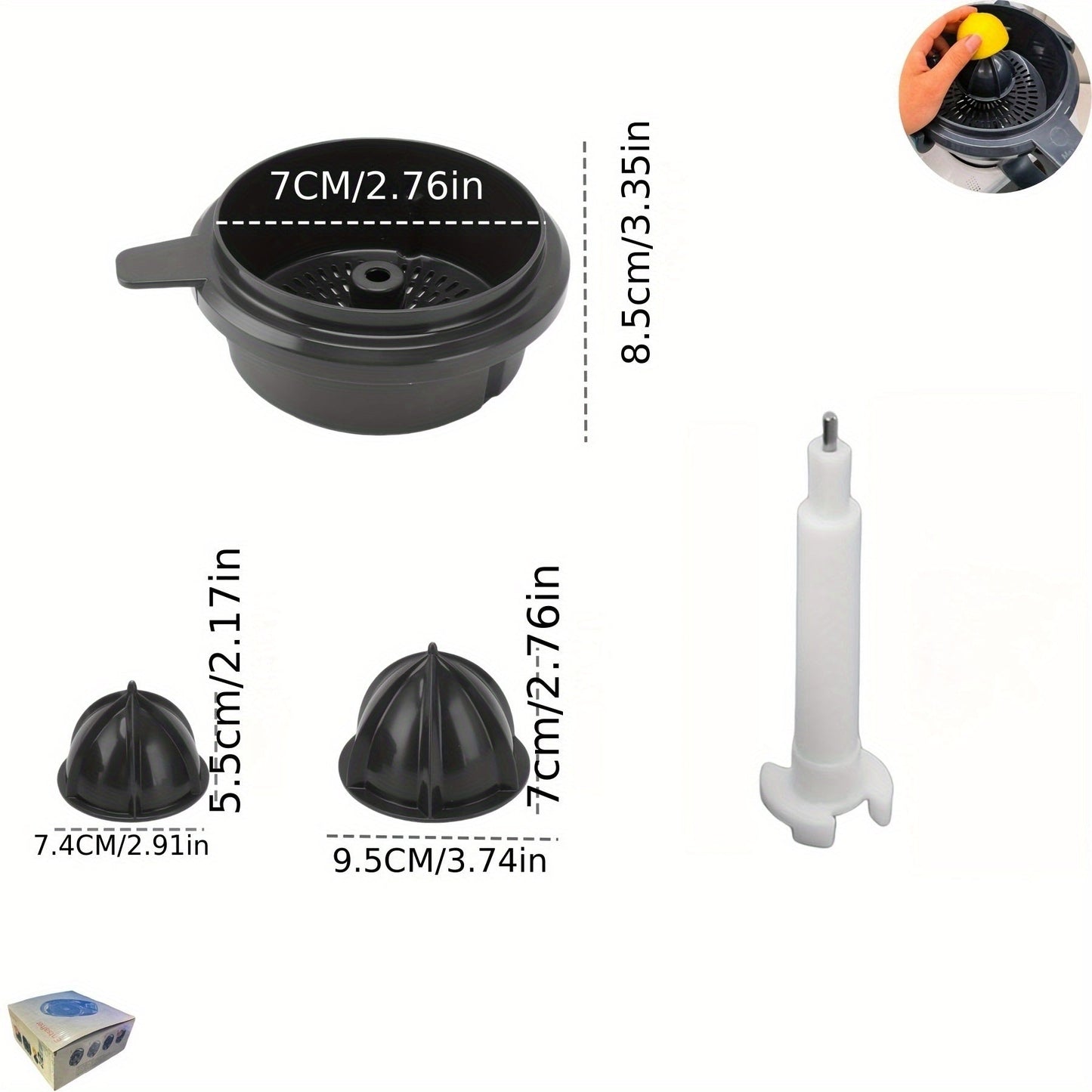 Set of accessories for manual lemon squeezing made of plastic, with detachable cone and handle to extract citrus juice safely. Compatible with standard juicers.